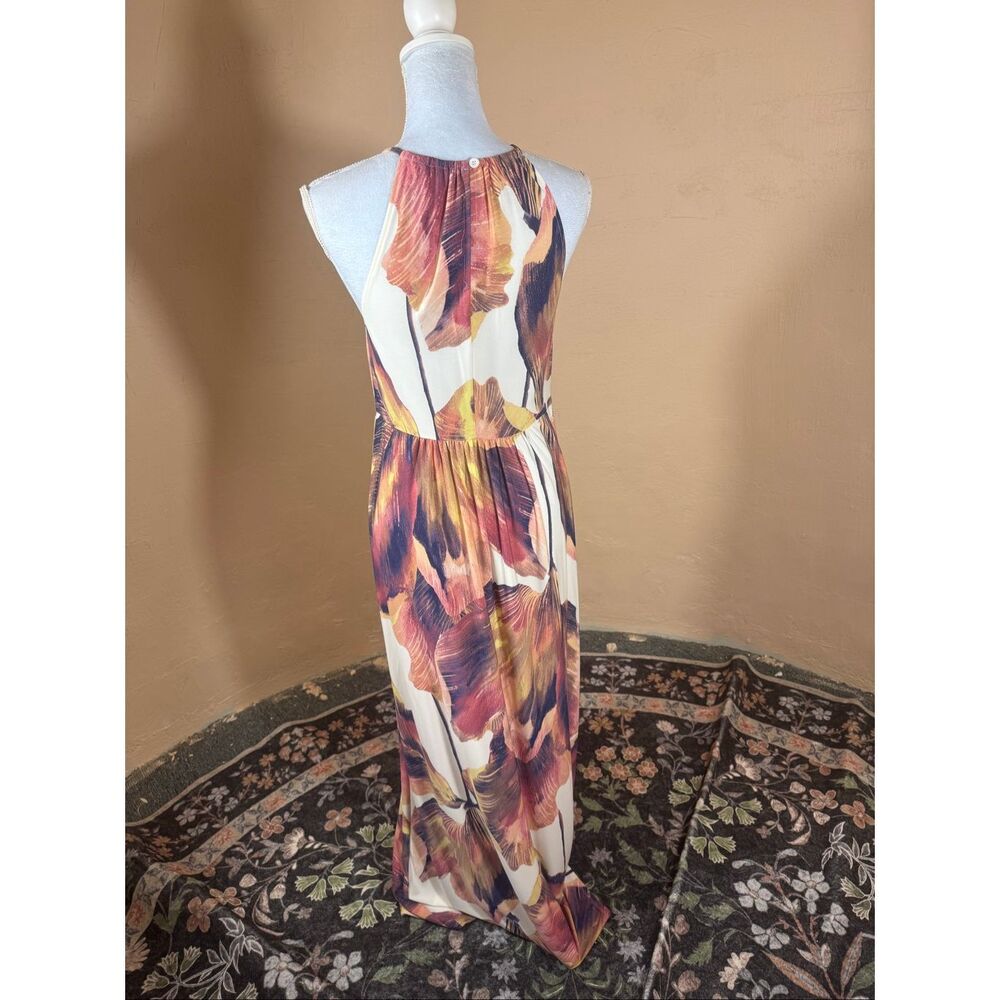 London Times Cream & Burgundy Abstract Floral Maxi Dress – Keyhole Neck | Surpli - Picture 3 of 7